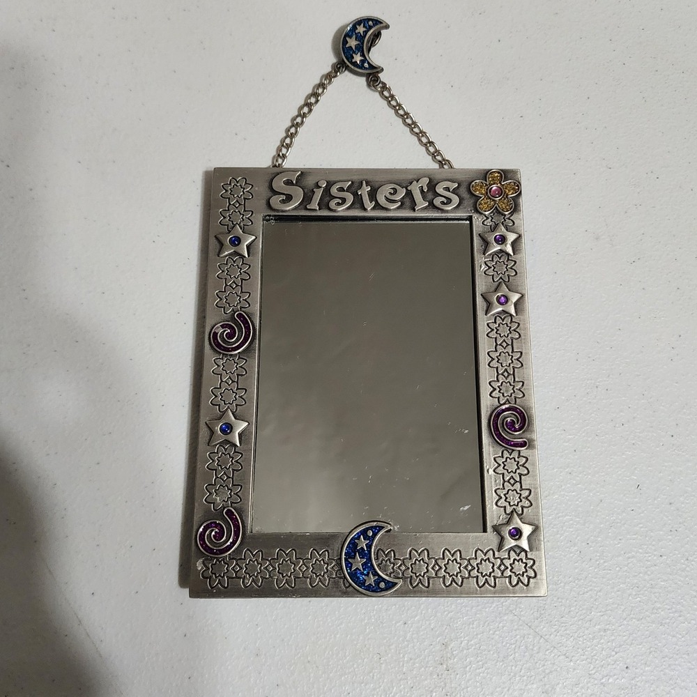 Enchante Sisters Celestial Mirror Pewter Tone Moon Stars Hanging Easel Back